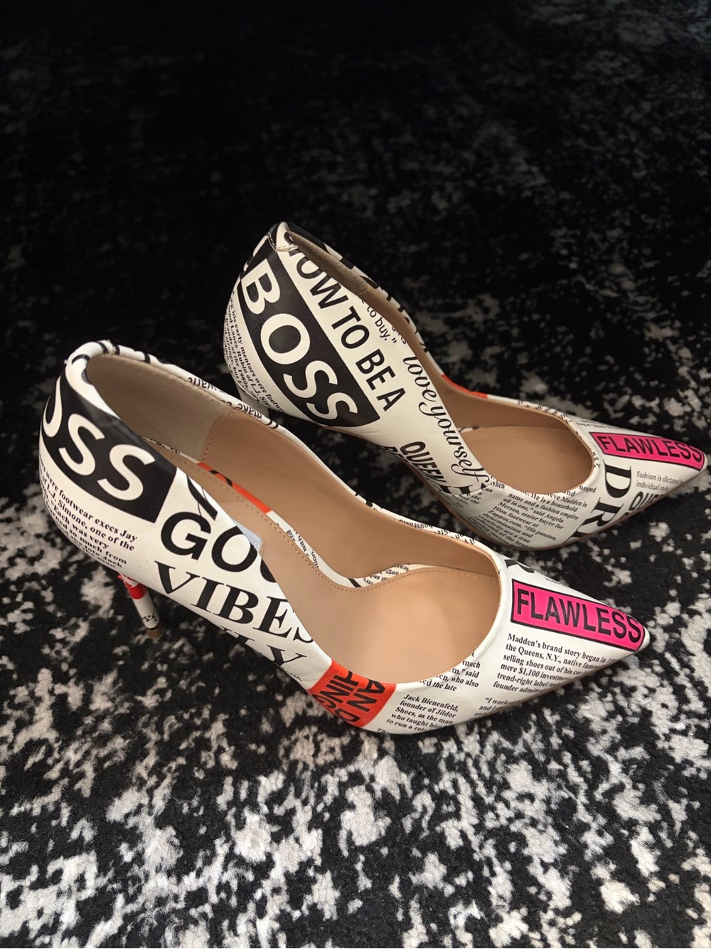 Steve Madden 'Flawless' Newspaper-Print Pointed Pumps in White with Pink Accents